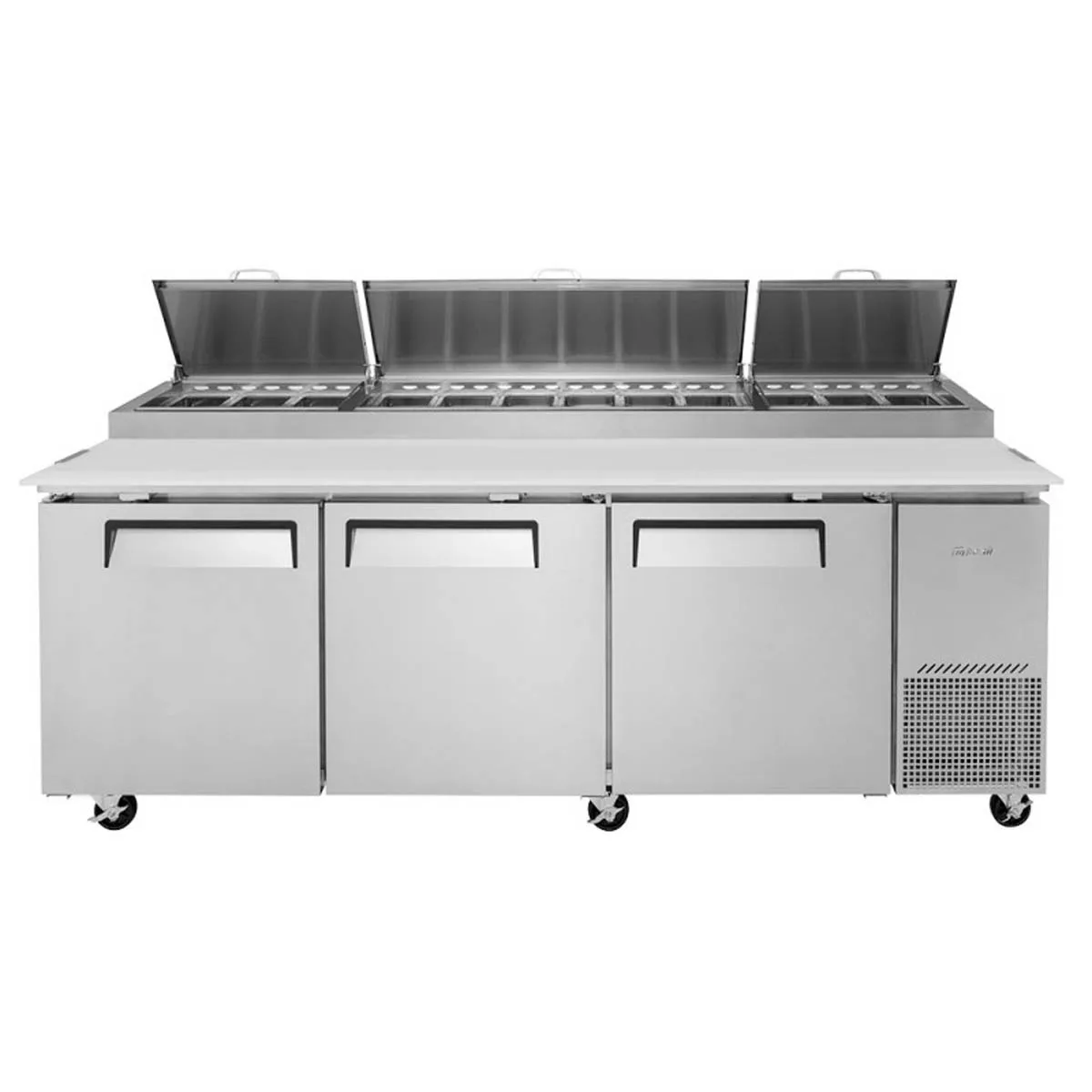 Turbo Air TPR-93SD-N 93″ Refrigerated Pizza Prep Table w/ 3 Doors, 12 Condiment Pans 5