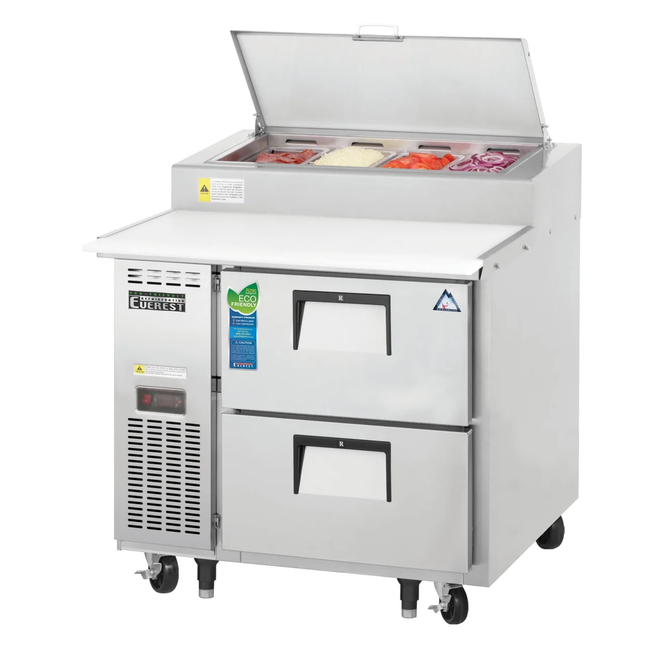 Everest EPPR1-D2 35″ One Section Refrigerated Pizza Prep Table w/ 2 Drawers, (4) 1/3 Size Pans