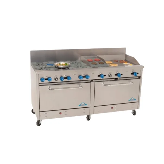 Comstock-Castle 2F330-24-1RB 72″ Gas Restaurant Range w/ (6) Open Burners, (1) 12″ Griddle, (1) 24″ Charbroiler, (2) Standard Ovens, 300.000 BTU