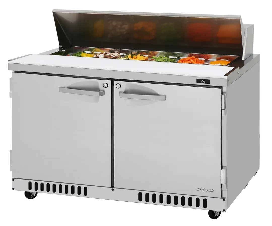 Turbo Air PST-48-FB-N 48″ Two Section Sandwich / Salad Prep Table w/ 2 Doors, 12 Pans