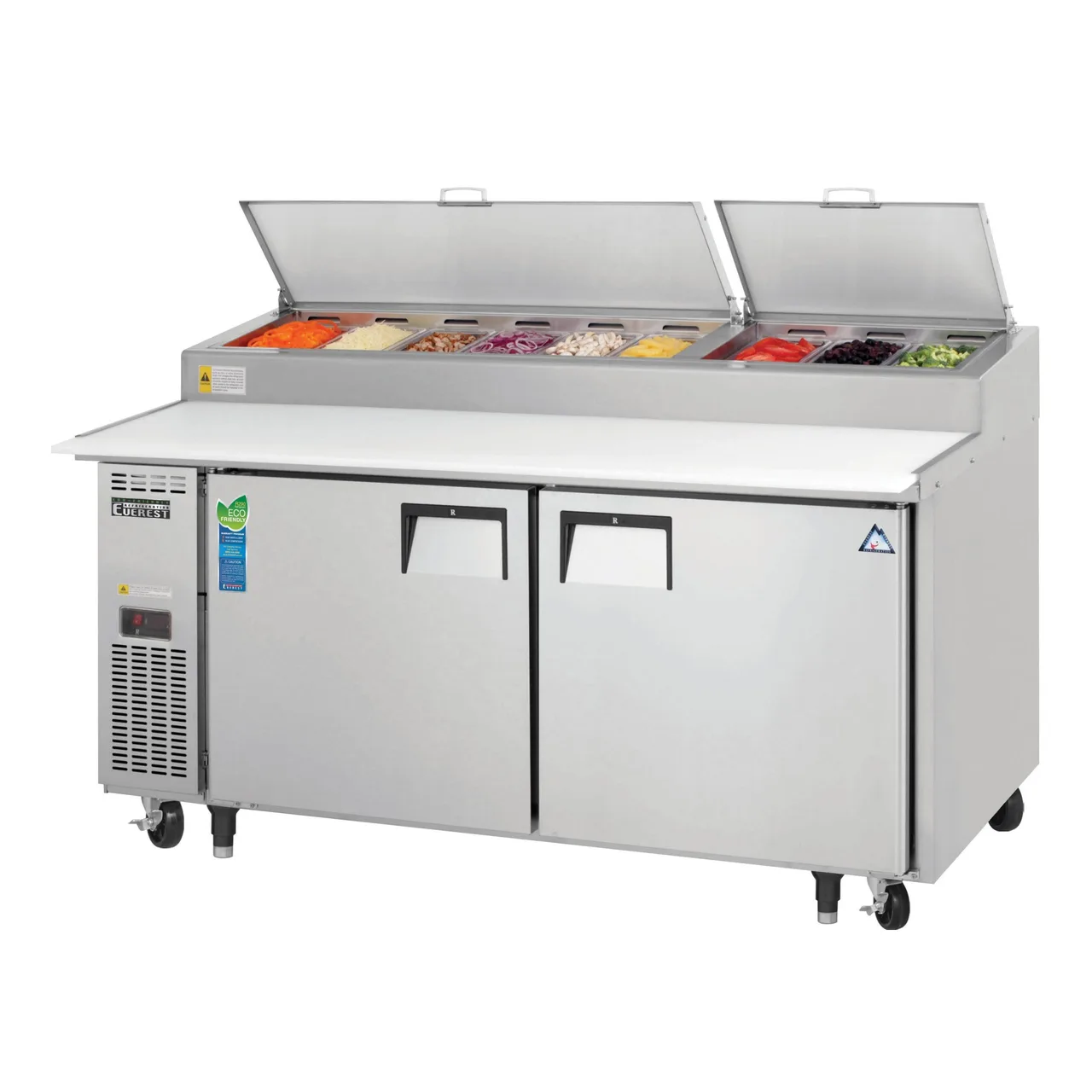 Everest EPPR2 71″ Two Section Refrigerated Pizza Prep Table w/ 2 Doors, (9) 1/3 Size Pans