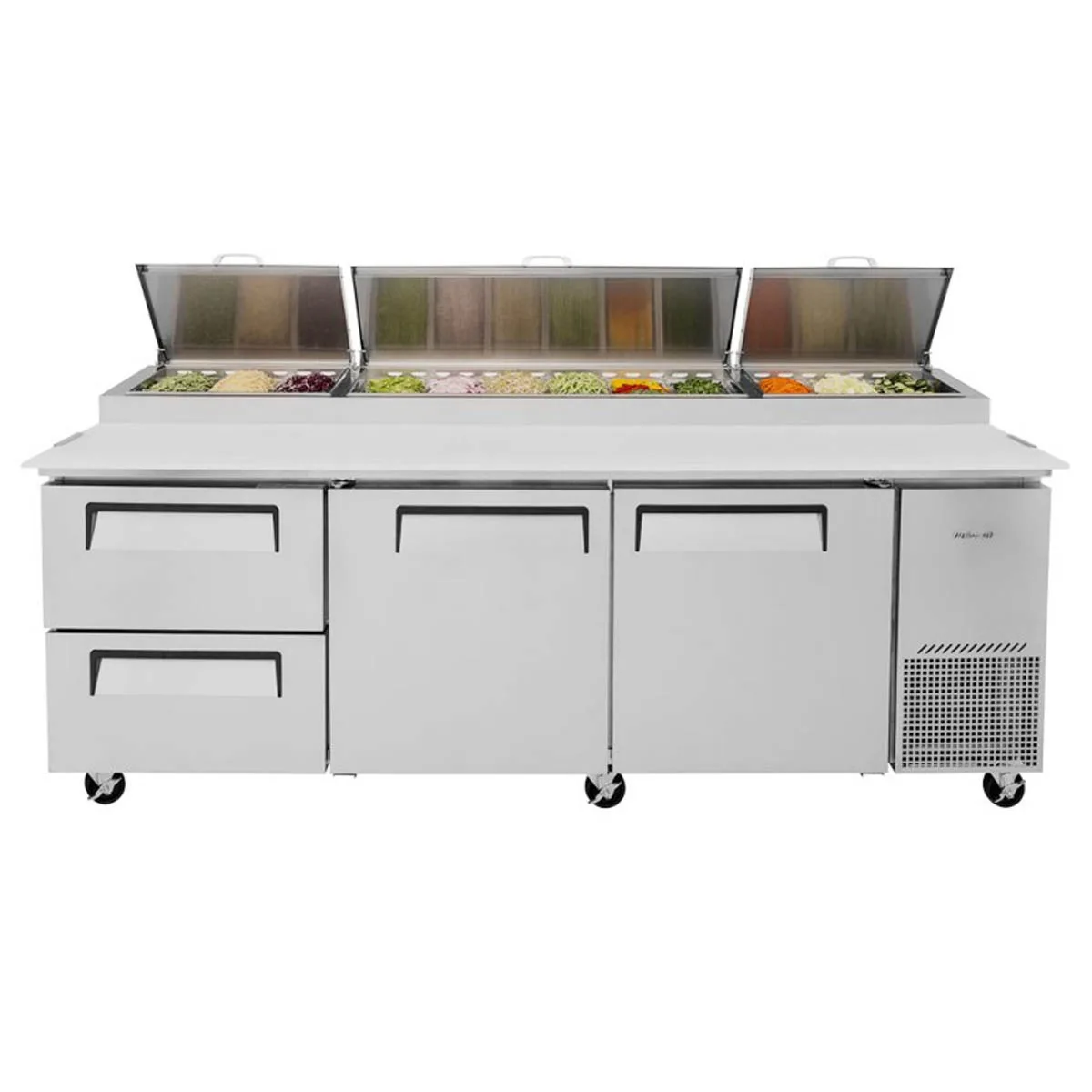 Turbo Air TPR-93SD-D2-N 93″ Refrigerated Pizza Prep Table w/ 3 Doors, 12 Condiment Pans 5