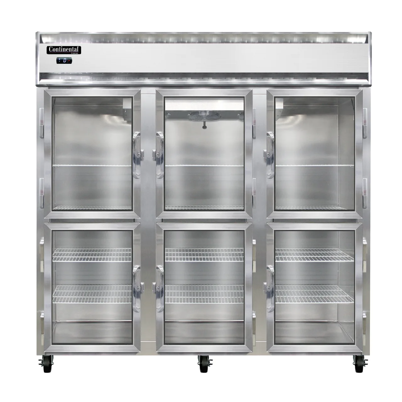 Continental Refrigerator 3FNGDHD 78" 3-Section Reach-In Freezer, 6 Half Glass Doors, 70 cu. ft., Stainless Steel Front, Aluminum Interior & Exterior