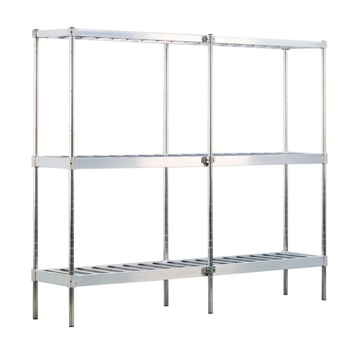 New Age 1289 93" Aluminum Keg Rack with (10) 1/2 or (34) 1/6 Keg Capacity and 3 Shelves