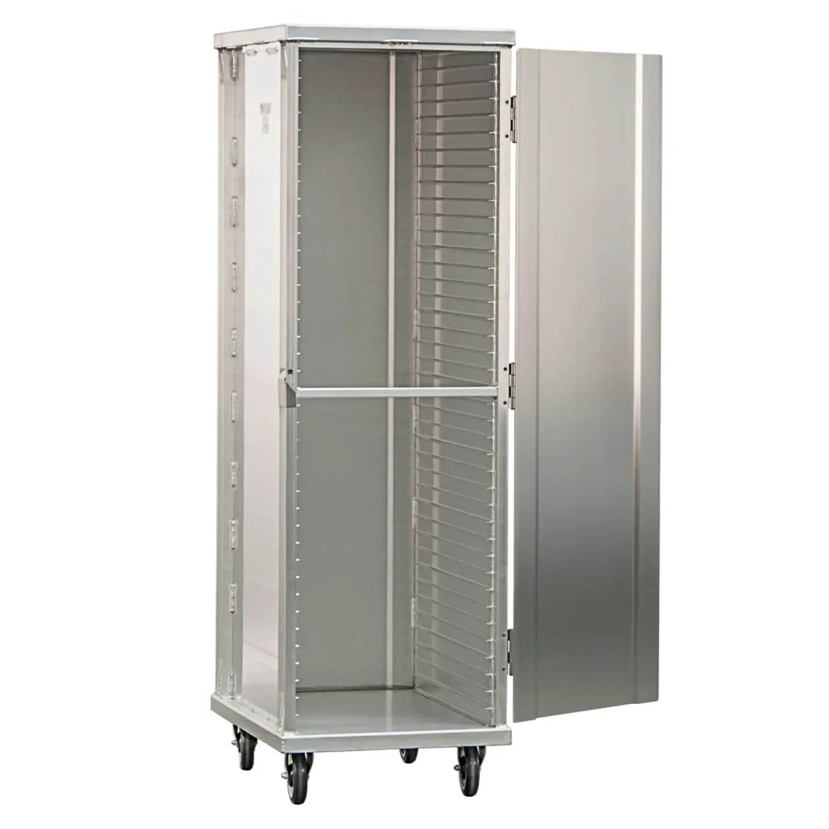 New Age 1290 40 Pan Aluminum Mobile End Load Enclosed Sheet Pan Rack w/ 1 1/2" Bottom Load Slides