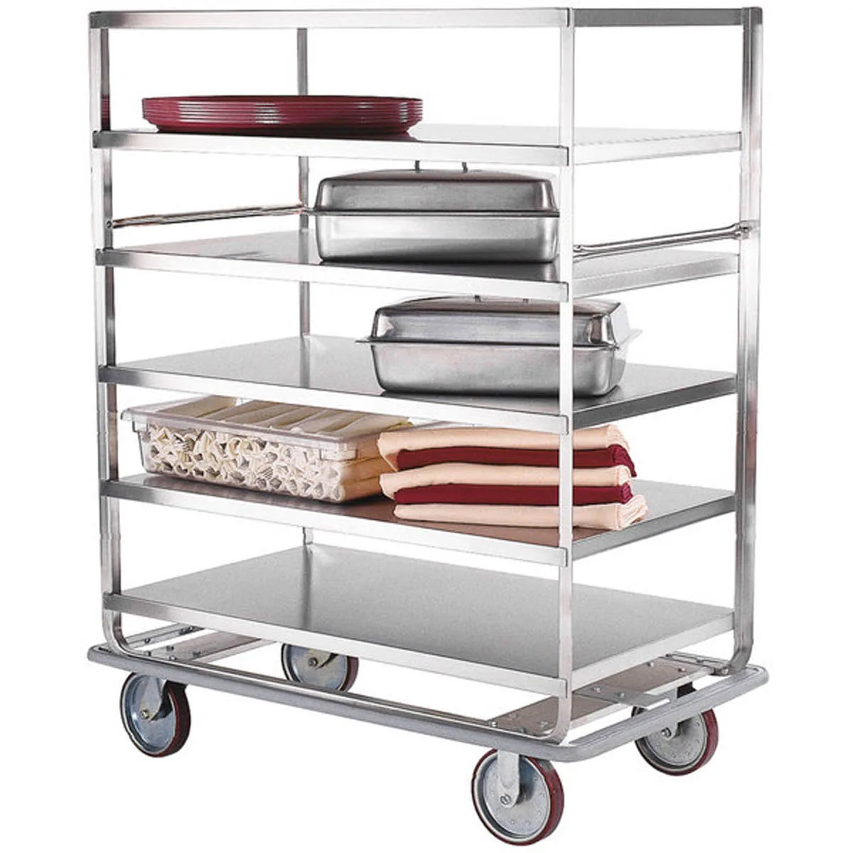 Lakeside 594 Stainless Steel Queen Mary Banquet Cart w/ 4 Shelves, All Shelf Edges Down
