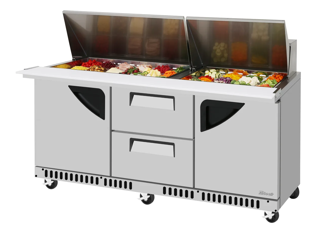 Turbo Air TST-72SD-30-D2LR-FB-N 72" Mega Top Sandwich and Salad Prep Table w/ 2 Doors & 2 Drawers, 30 Pans, Stainless Steel