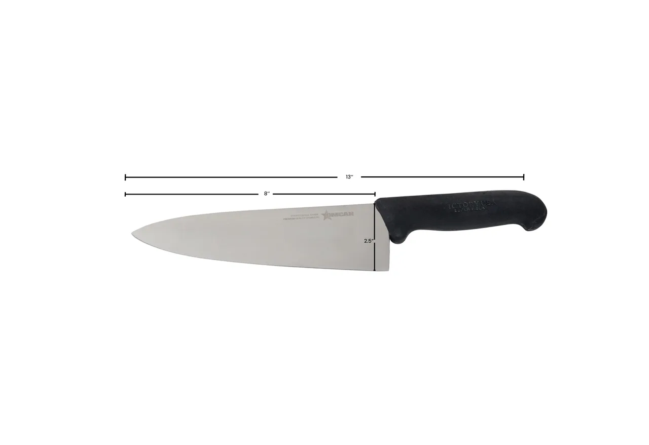 Omcan USA 21597 Chef Knife – 8" Forged Stainless Steel Blade, Black Plastic Handle, 7‑9" Length