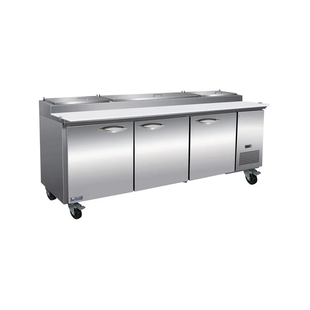 IKON IPP94-2D 94" 3-Section Refrigerated Pizza Prep Table w/ 2 Doors & 2 Drawers