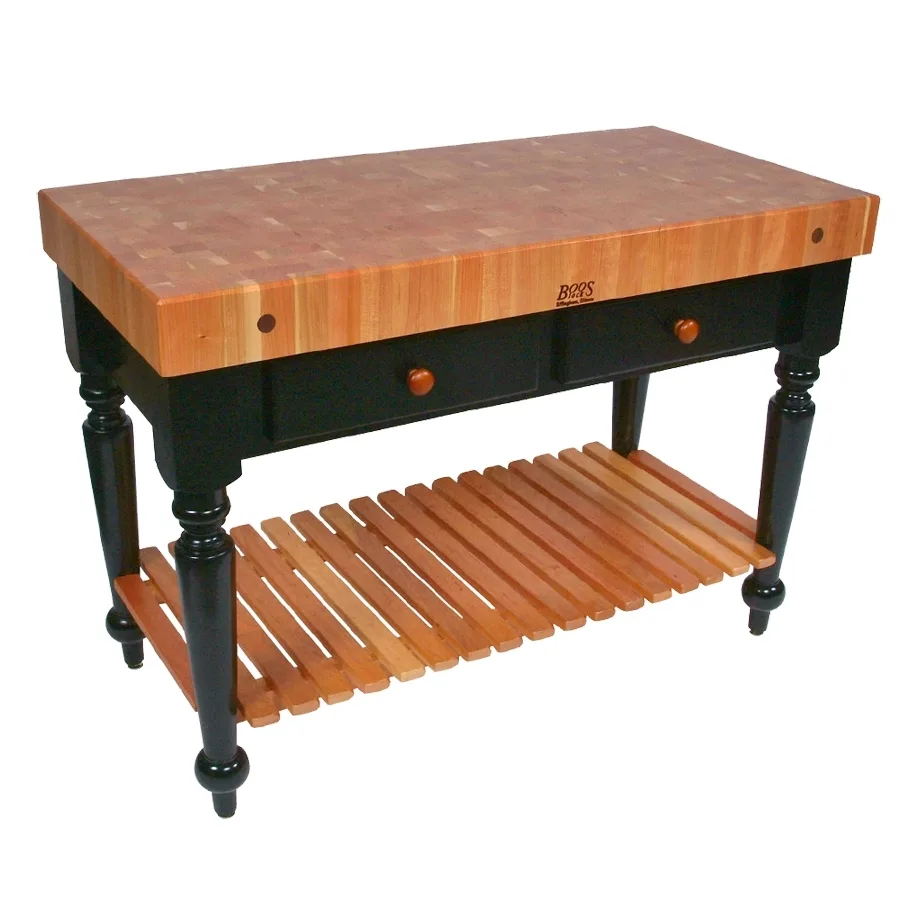 John Boos RN-LR04-SSL Rouge et Noir Le Rustica Utility Table, 30"W x 24"D x 34.5"H, American Cherry, 4" Thick End Grain Top, Oil Finish