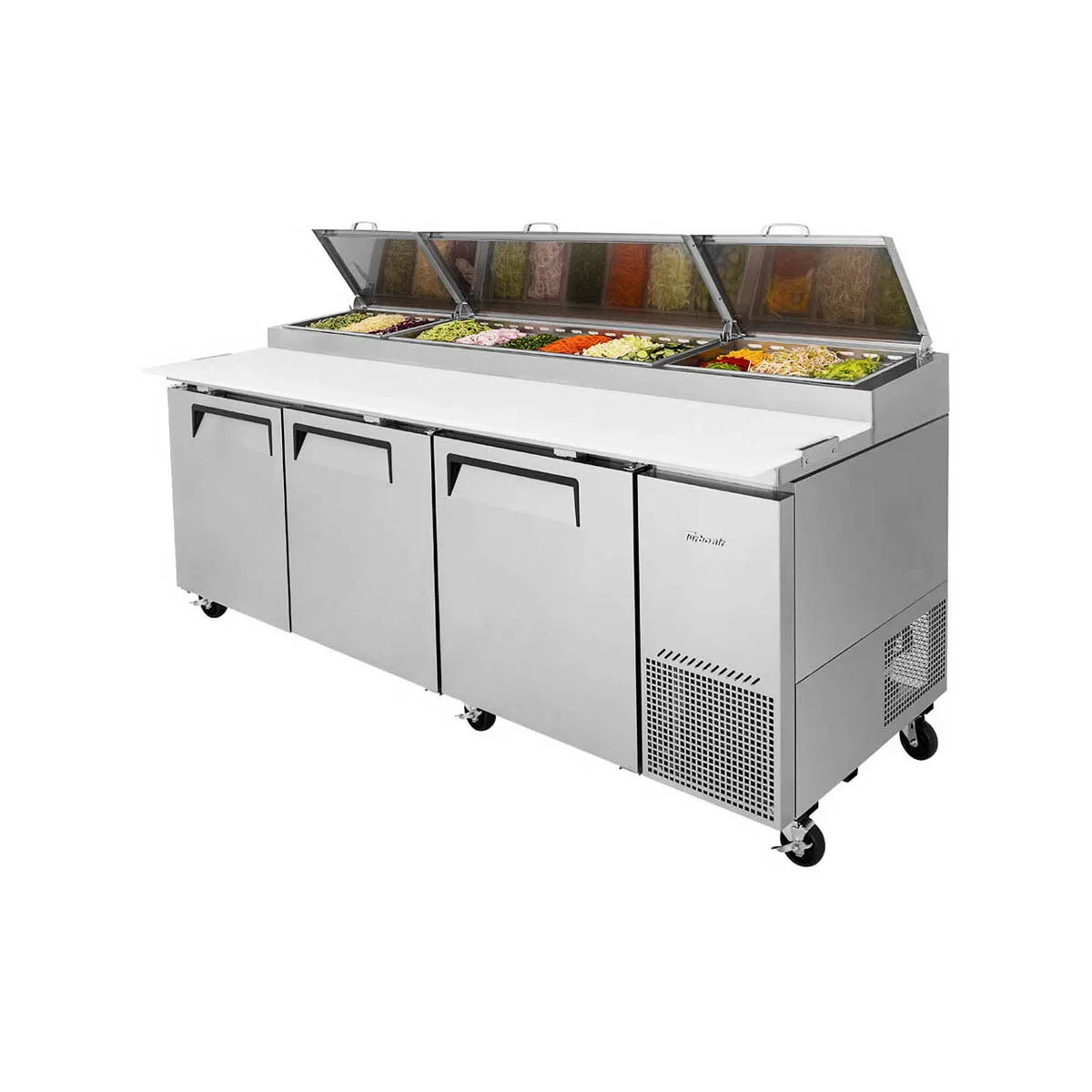 Turbo Air TPR-93SD-N 93" Refrigerated Pizza Prep Table w/ 3 Doors, 12 Condiment Pans