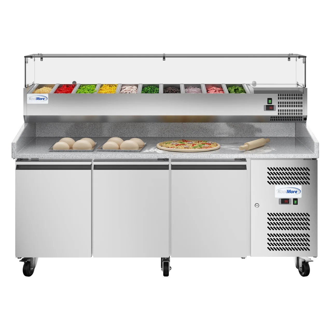 Koolmore KM-RPCPS-2D79-GRT 79" Refrigerated Pizza Prep Table, 3-Door, Granite Top