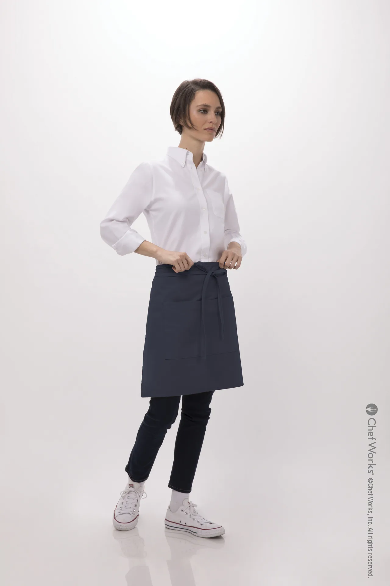 Chef Works F28-Nav-0 Navy Bistro Waist Apron, 19"L X 27.5"W, Poly/Cotton, 2 Pockets - 1/Case