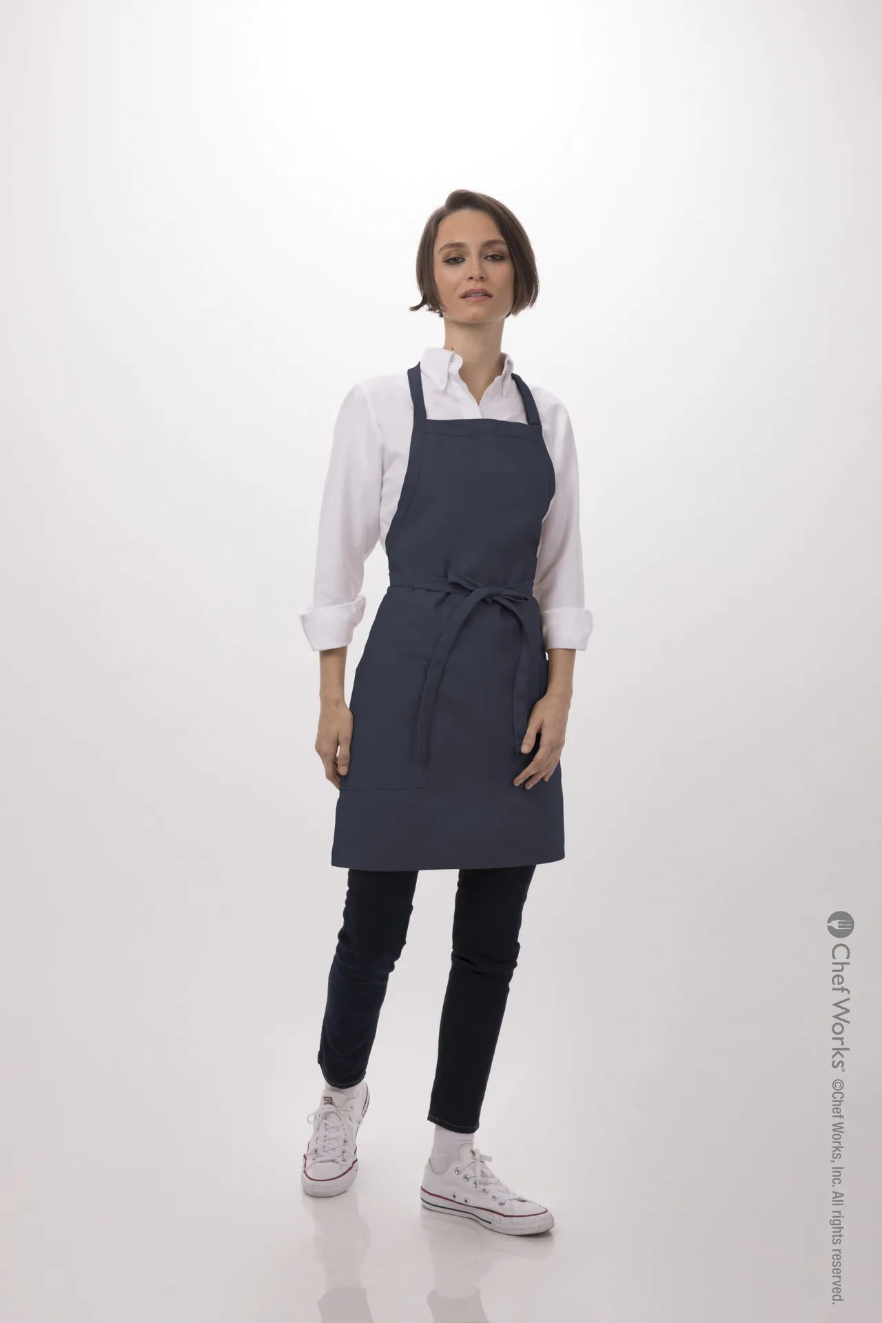 Chef Works F53 NAV-0 Bib Apron, 30-1/2"L x 24"W, Adjustable Neck, 2 Pockets, 65/35 Poly Cotton, Navy