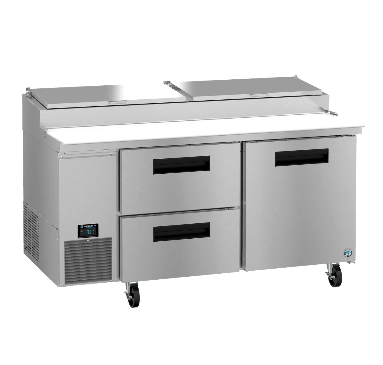 Hoshizaki PR67B-D2 67" 2-Section Refrigerated Pizza Prep Table w/ 1 Door & 2 Drawers