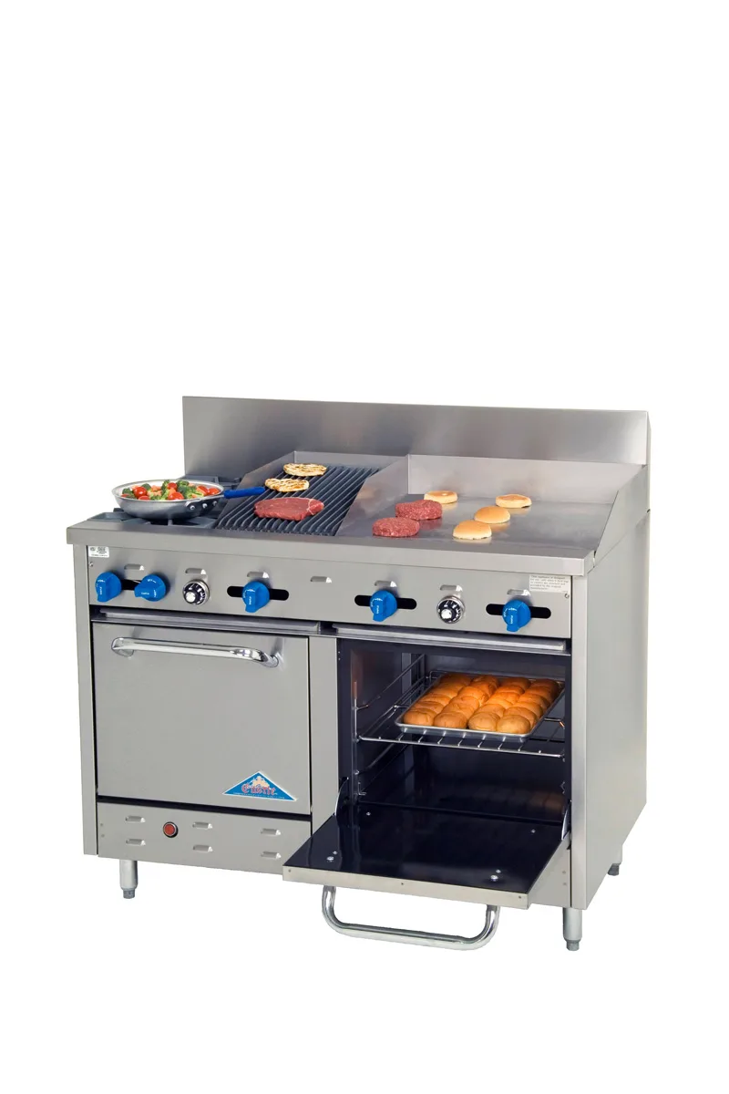 Comstock-Castle F3218-24-1RB 48" Gas Restaurant Range w/ (2) Open Burners, (1) 24" Griddle, (1) 12" Charbroiler, (2) Space Saver Ovens, 180.000 BTU