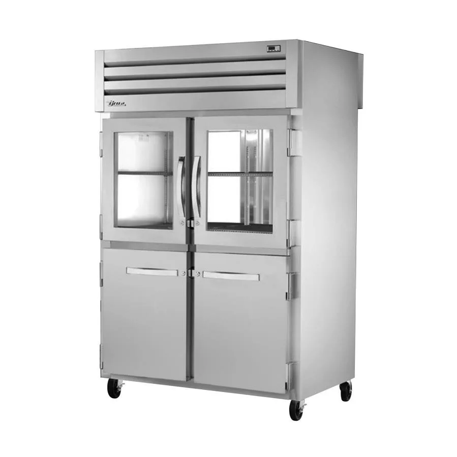 True STA2RPT-2HG/2HS-2G-HC 2-Section Pass-Thru Refrigerator w/ Front 2 Glass/2 Solid Half & Rear 2 Glass Full Doors, Aluminum Interior-Stainless Floor