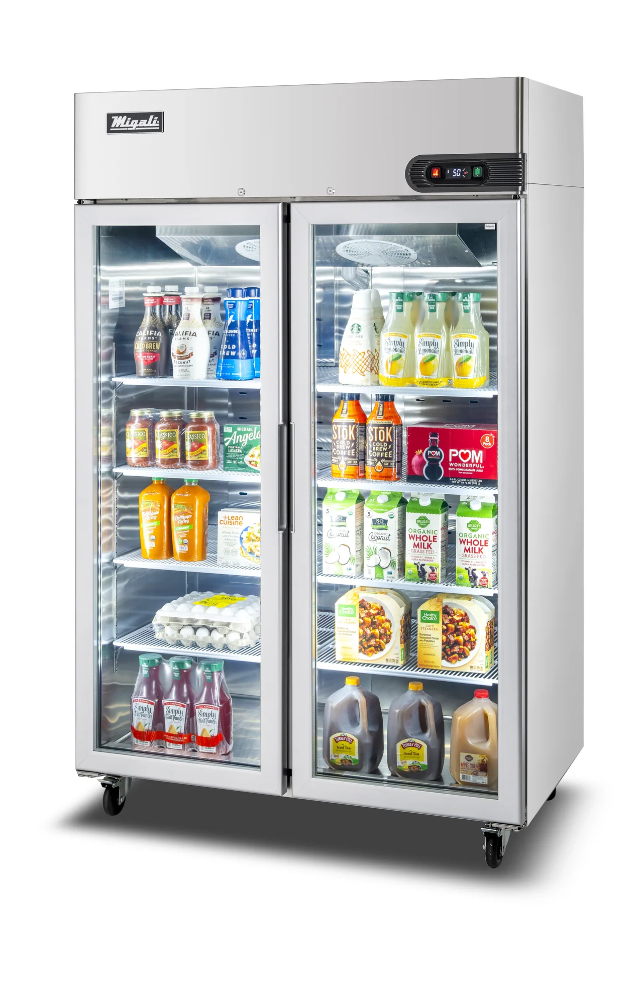 Migali C-2RG-HC 51.7" 2-Glass Door Reach-In Refrigerator, 43.2 cu. ft., Top Mounted