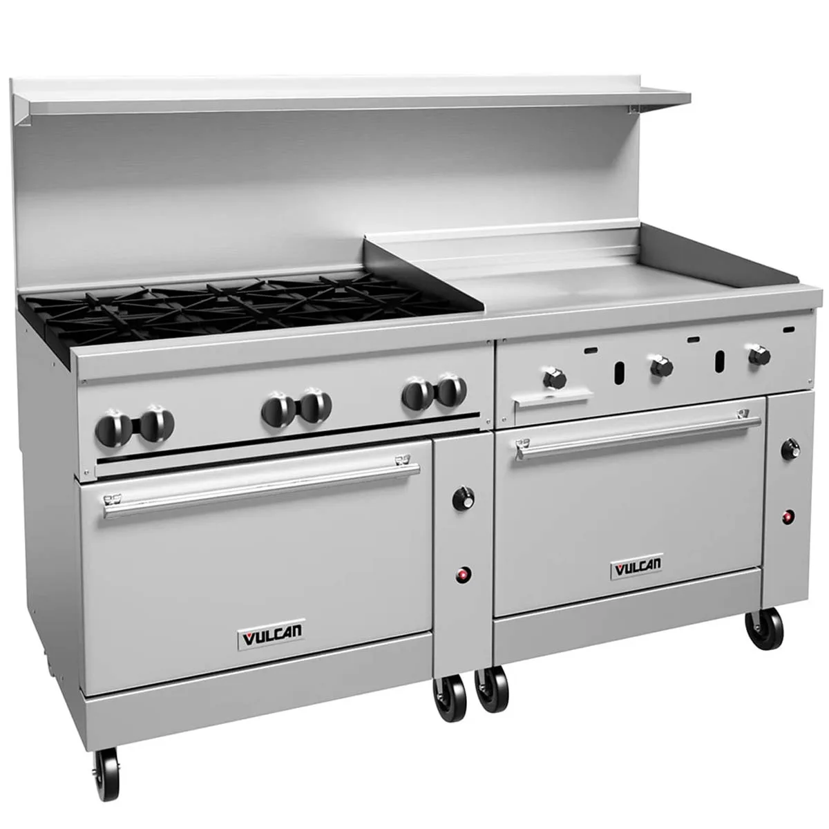 Vulcan 72SS-6B36GT 72" Gas Restaurant Range w/ (6) Open Burners, 36" Griddle Right w/ Thermostatic, (2) Standard Ovens, 310.000 BTU
