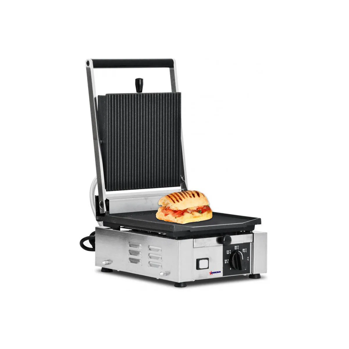 Omcan USA 11376 Single Sandwich Panini Grill w/ 9" x 10" Grooved & Smooth Plates, 120V