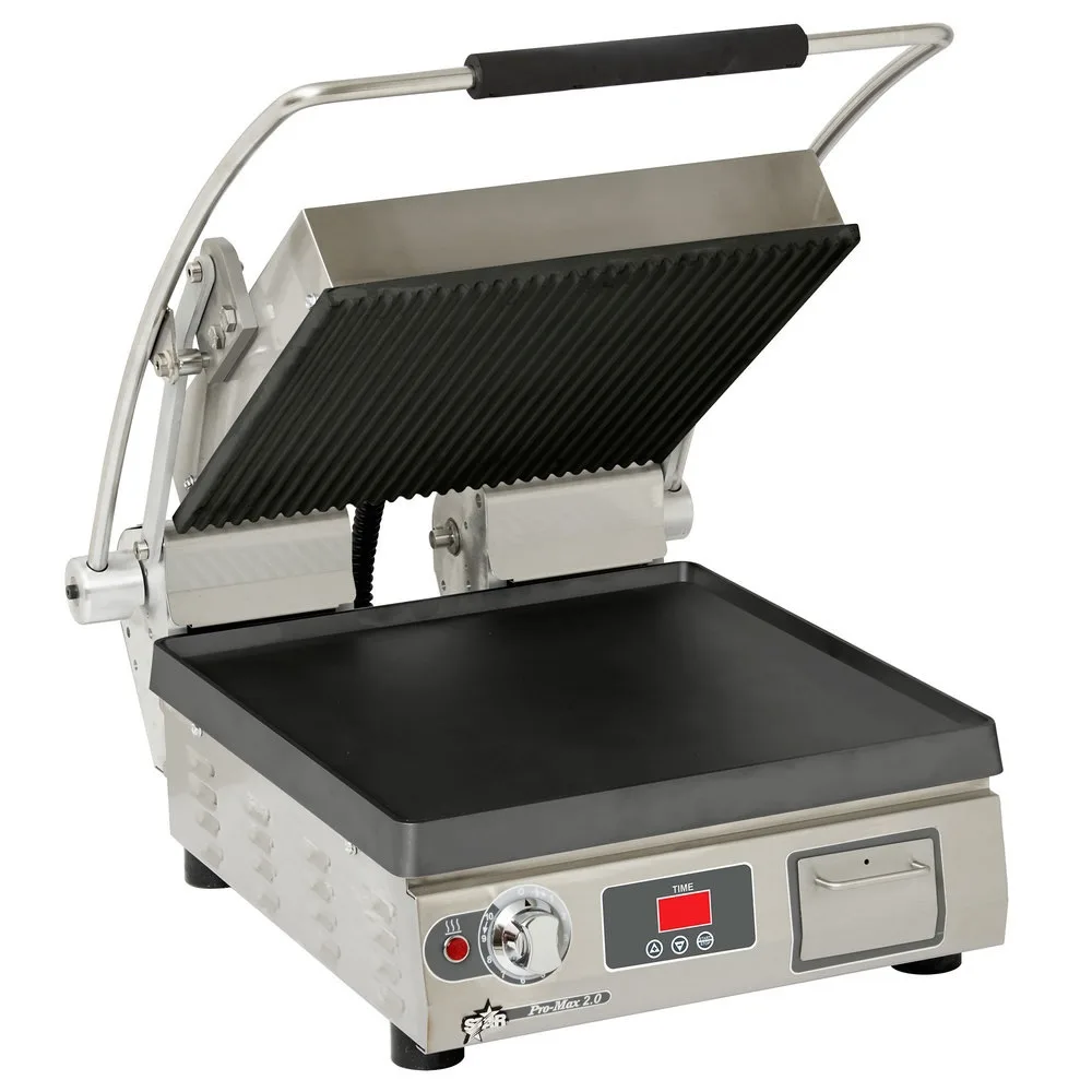 Star PST14ITGT Single Cast Iron Sandwich Grill w/ Timer, Grooved & Smooth Plates, Manual Controls