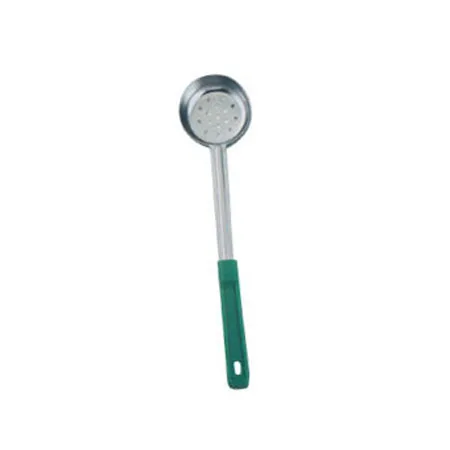 Omcan USA 80784 - 4 Oz One-Piece Stainless Steel Perforated Portion Control Spoon with Green Handle