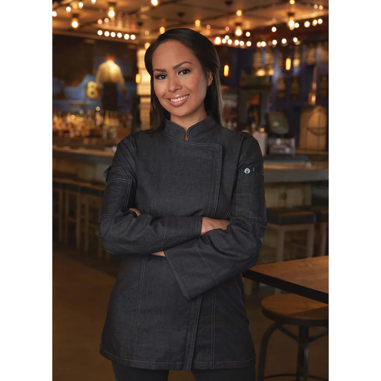Chef Works EXWDZ002-BLK-XL Chef Coat, Black XL, 100% Cotton Denim, Sleeves, Zipper, Apron Holder