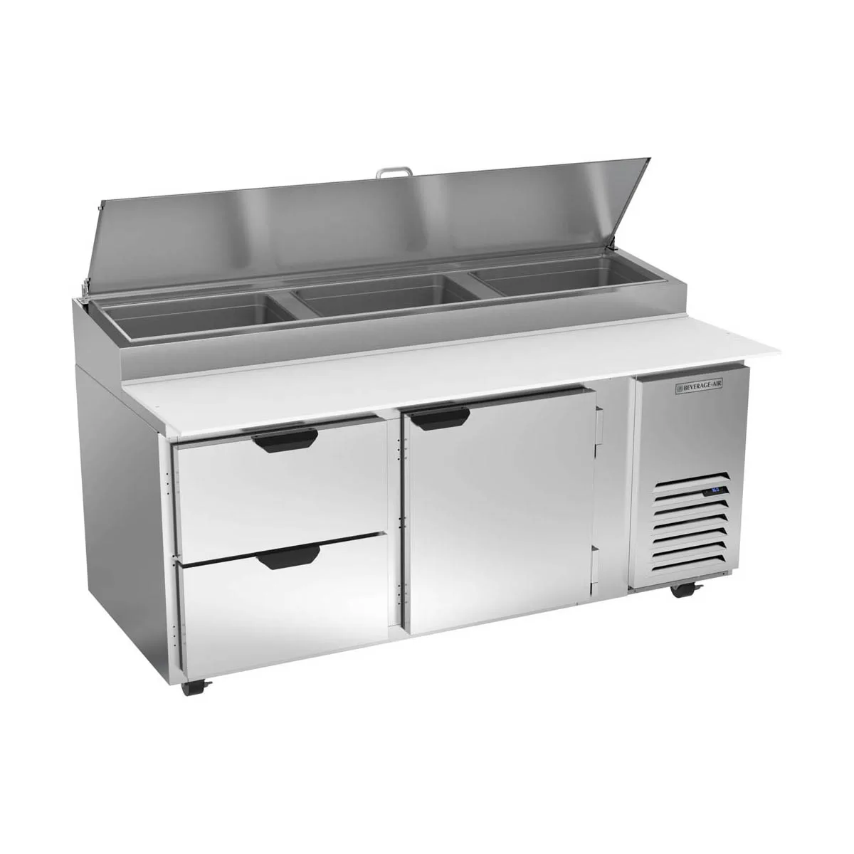Beverage Air DPD72HC-2 72" 2-Section Refrigerated Pizza Prep Table w/ 1 Door & 2 Drawers