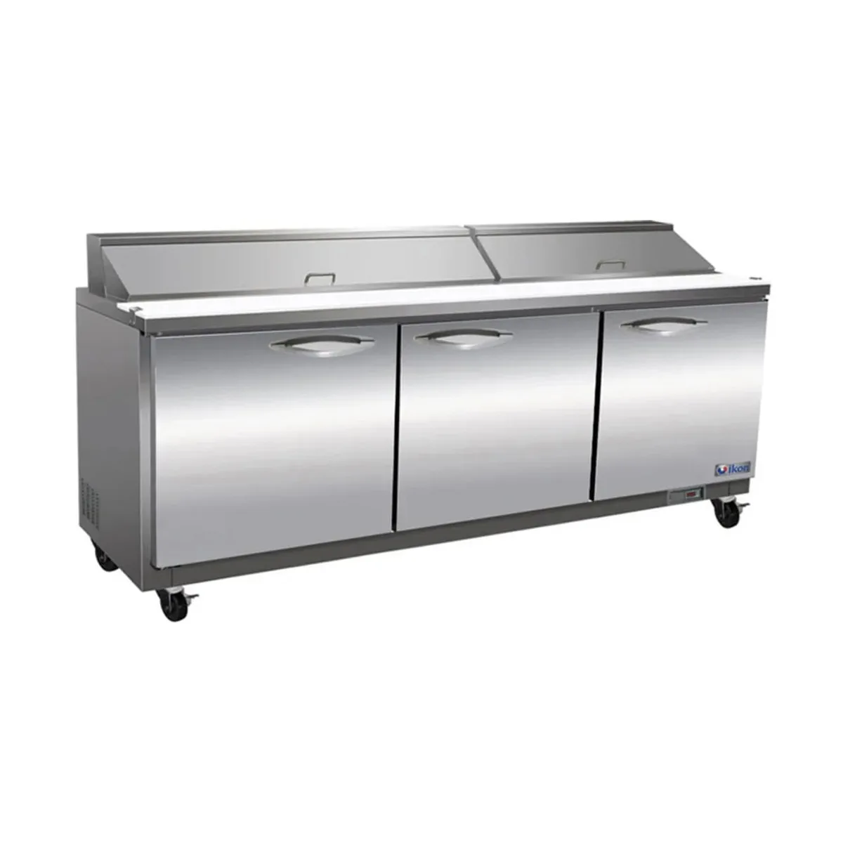 IKON ISP72 72" Three Section Sandwich / Salad Prep Table w/ 3 Doors, 18 Pans