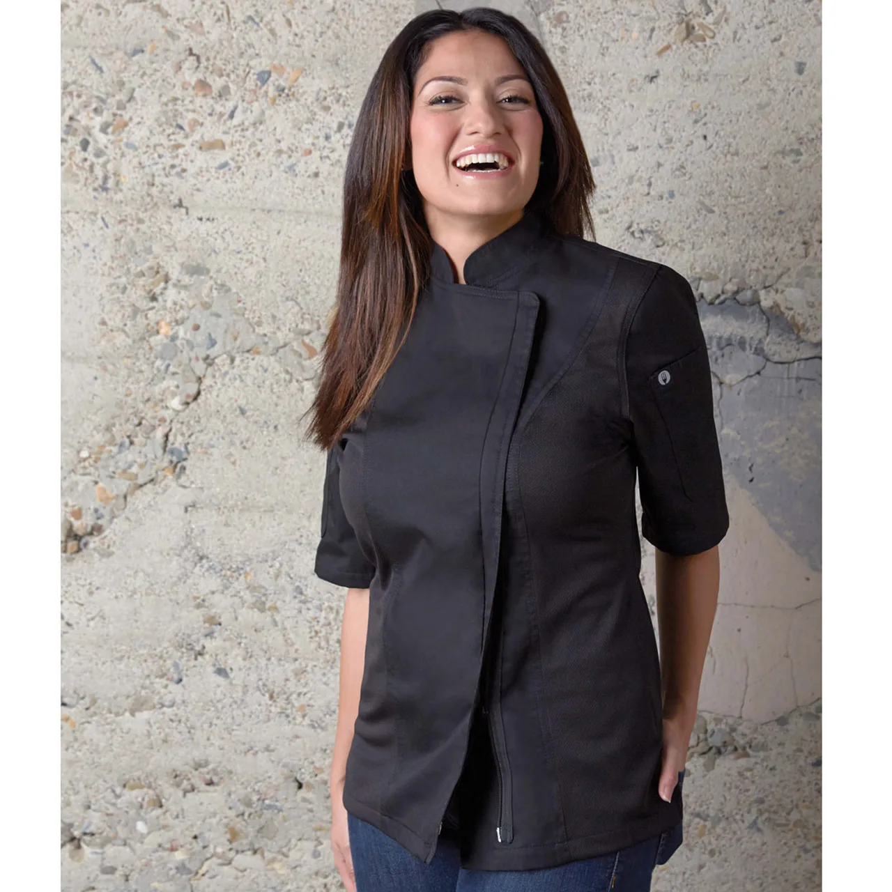 Chef Works BCWSZ006-BLK-M Women's Chef Coat, Medium Black Short Sleeve, Vent™ Sides, 2‑Way Zipper