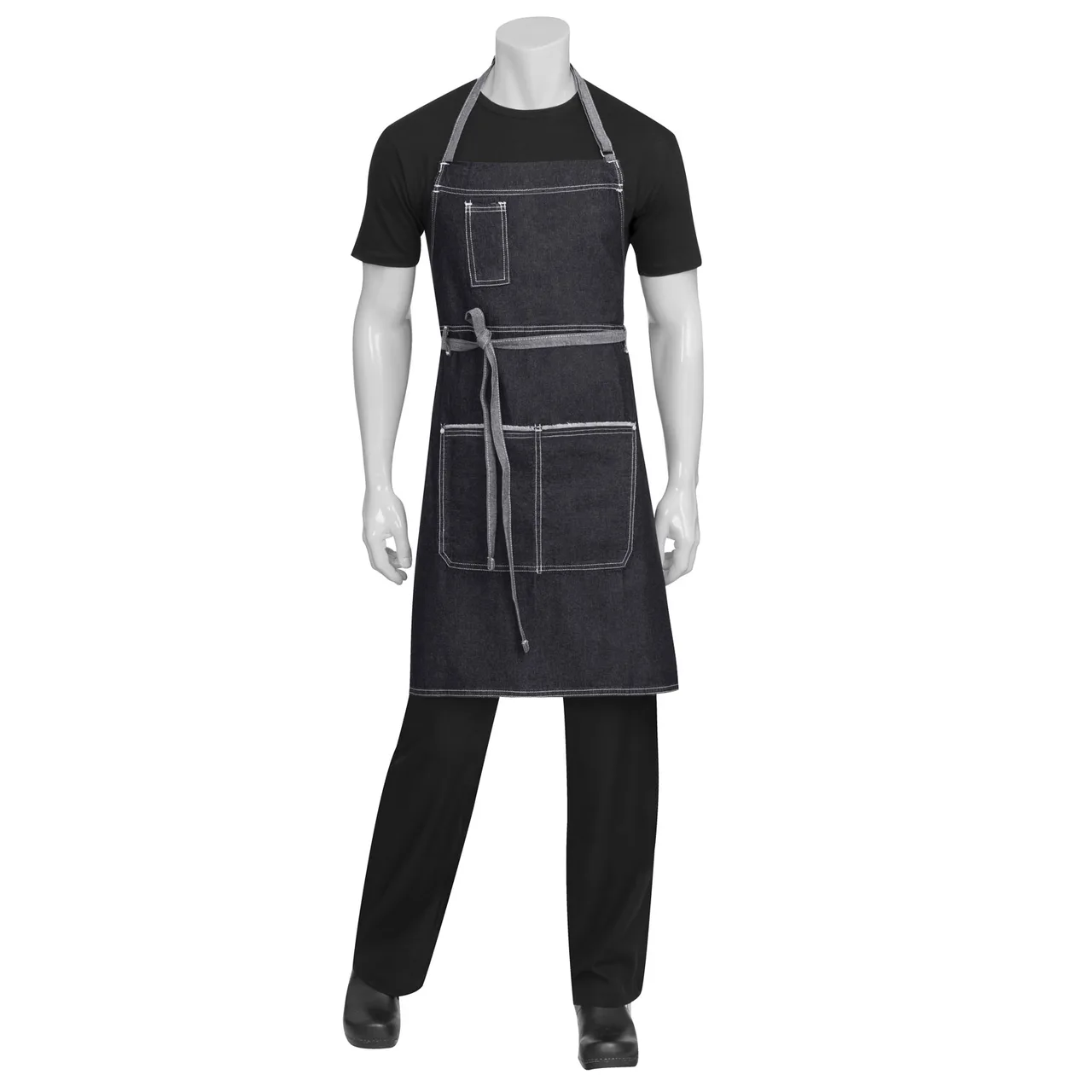 Chef Works AB041-BLK-0 Bib Apron, 34"L x 30"W, 100% Cotton Denim, Black, Neck Strap, Front Pockets