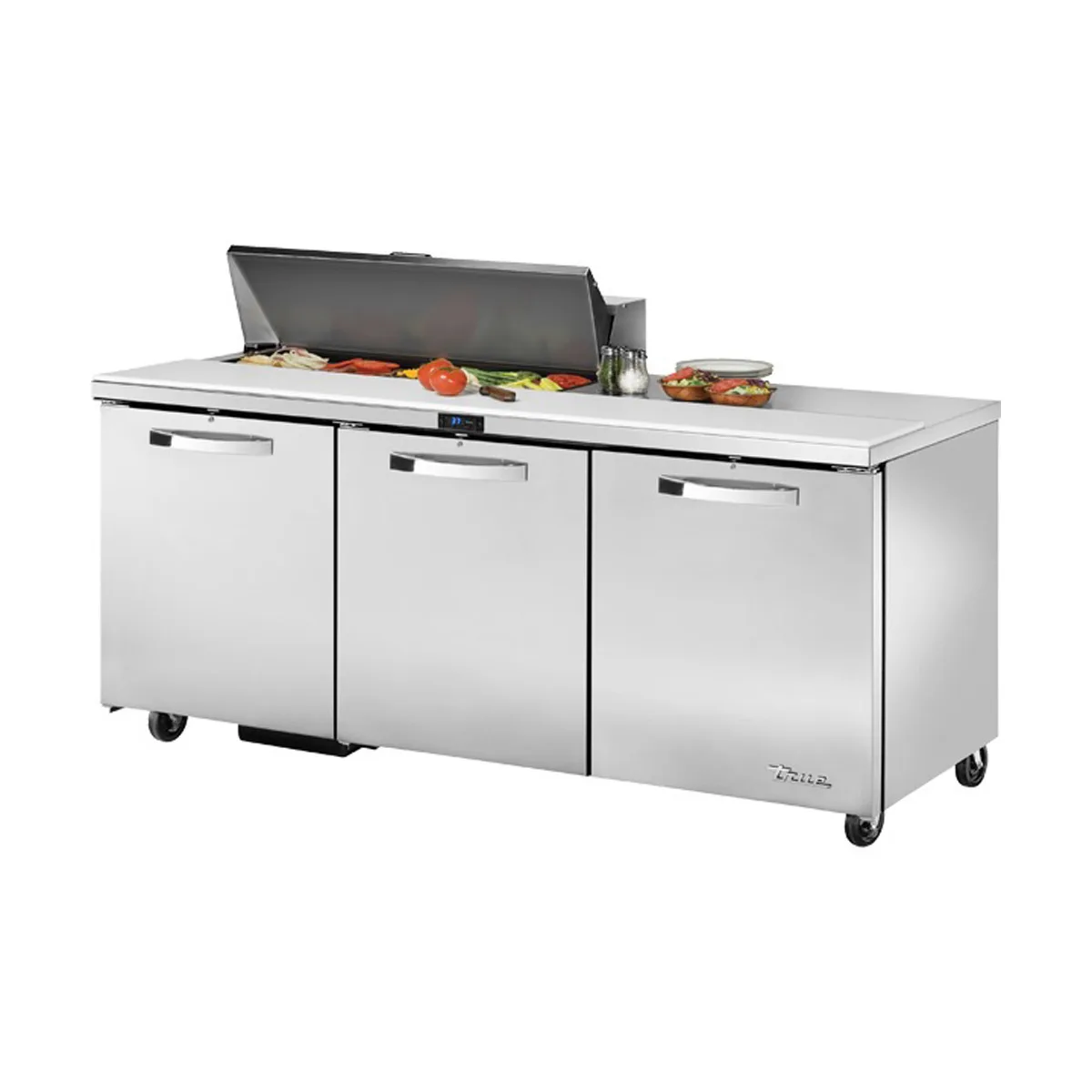 True TSSU-72-10-HC~SPEC3 72" Three Section Sandwich / Salad Prep Table w/ 3 Doors, 10 Pans