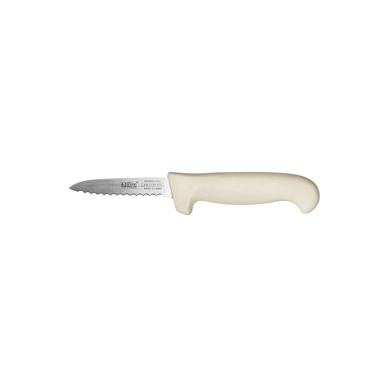CAC China KSPC-31 Paring Knife, 3"L, Serrated, Stamped, High Carbon Stainless Steel, White Handle