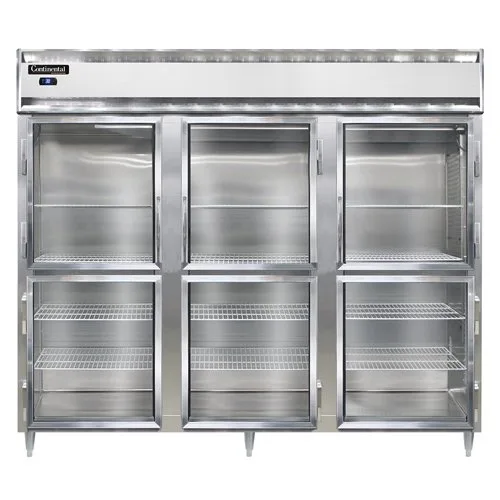Continental Refrigerator D3RENGDHD 85" 3-Section Reach-In Refrigerator w/ 6 Glass Half Doors, Stainless Steel Front Aluminum Exterior, 75 cu. ft.