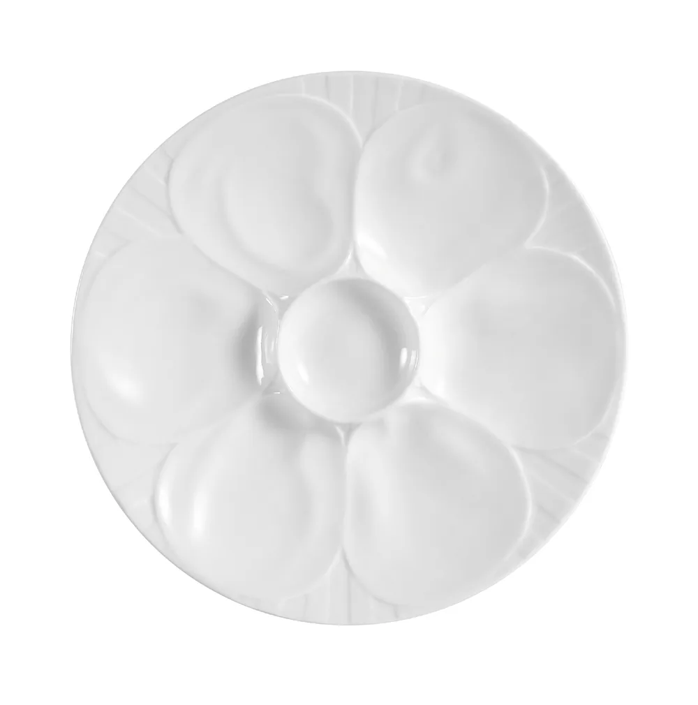 CAC China OYS-9 Oyster Plate, 9" Dia x 1-1/4" H, 7‑Compartment Porcelain, White, Dishwasher - 1 Dozen