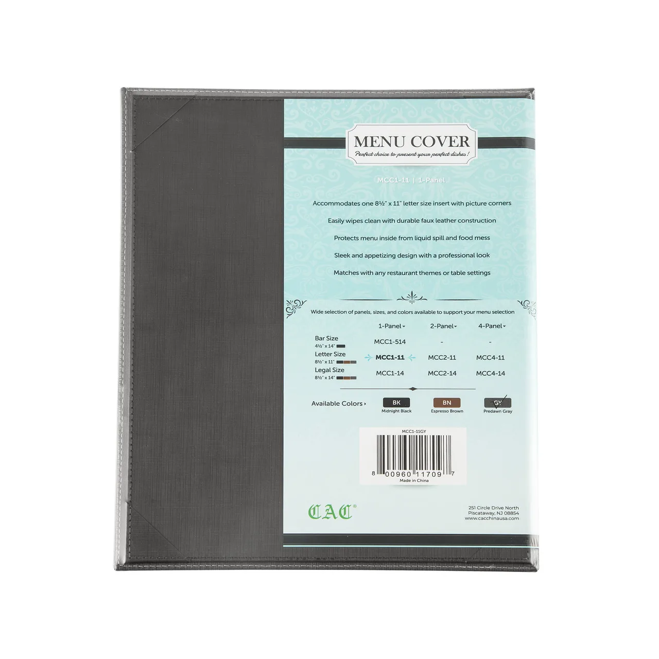 CAC China MCC1-11GY Menu Cover, 1-Panel Letter Size 8½" x 11", Faux Leather Gray Booklet Style