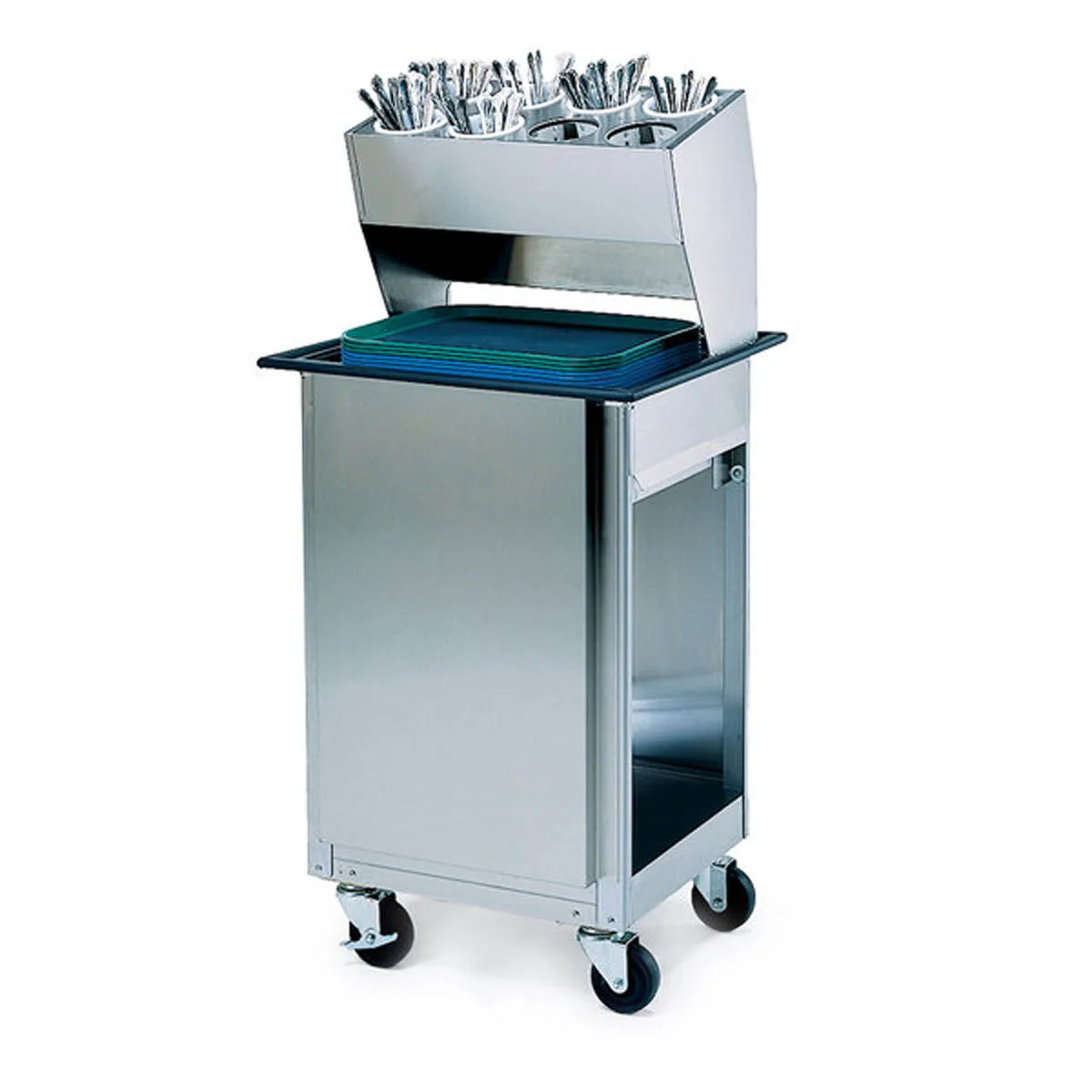 Lakeside 986 Stainless Steel Enclosed Mobile Tray Dispenser Cabinet w/ Flatware Rack