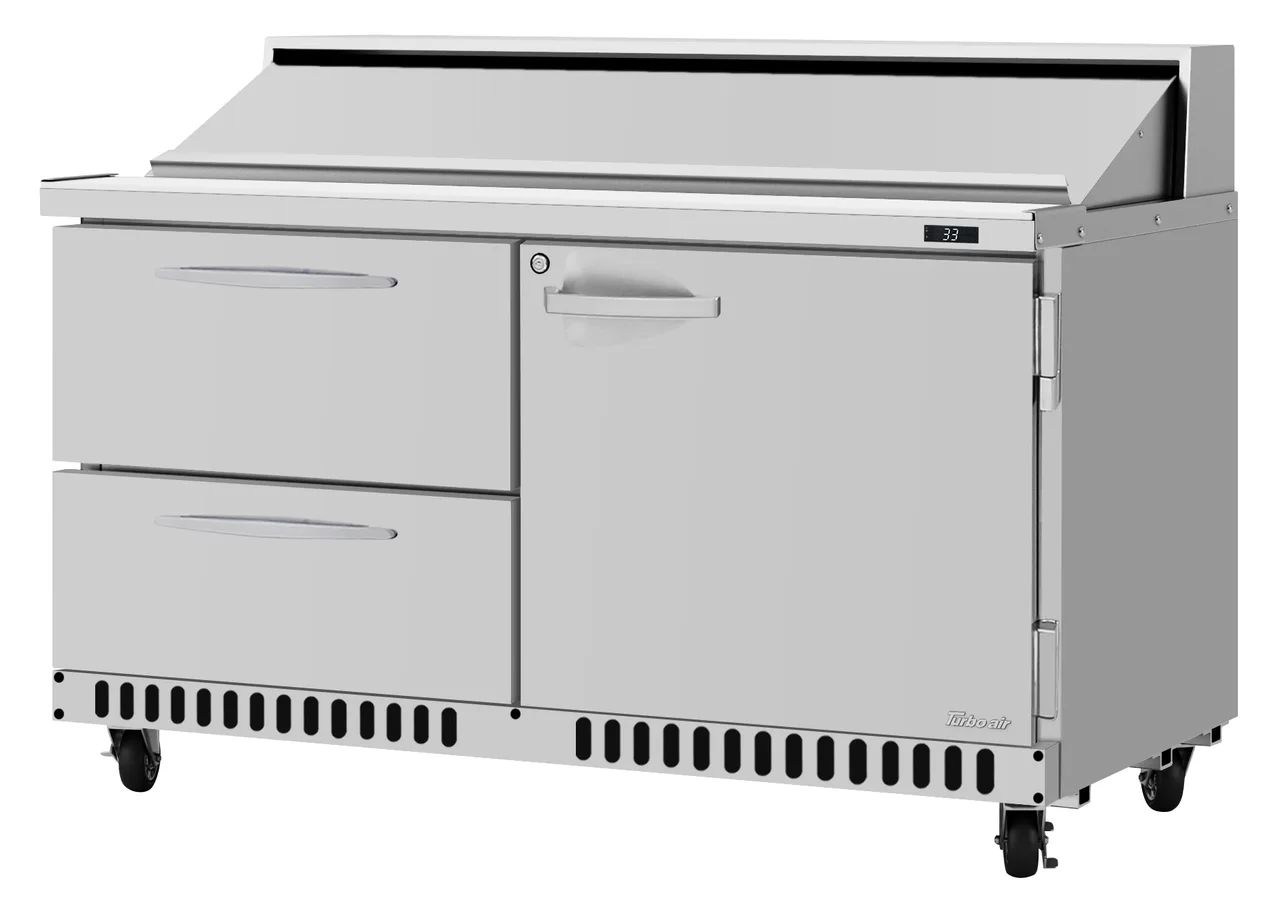Turbo Air PST-60-D2R(L)-FB-N 60" 1-Door & 2-Drawer Sandwich and Salad Prep Table, Front Breathing, 16 Pans, Stainless Steel