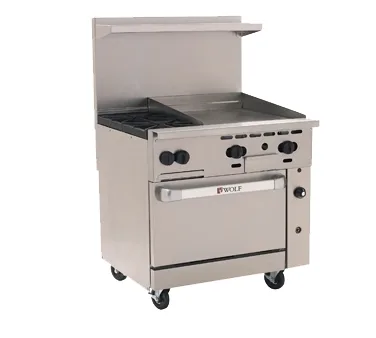Wolf C36S-2B24G 36" Gas Restaurant Range w/ (2) Open Burners, 24" Griddle Right, (1) Standard Oven, 135.000 BTU