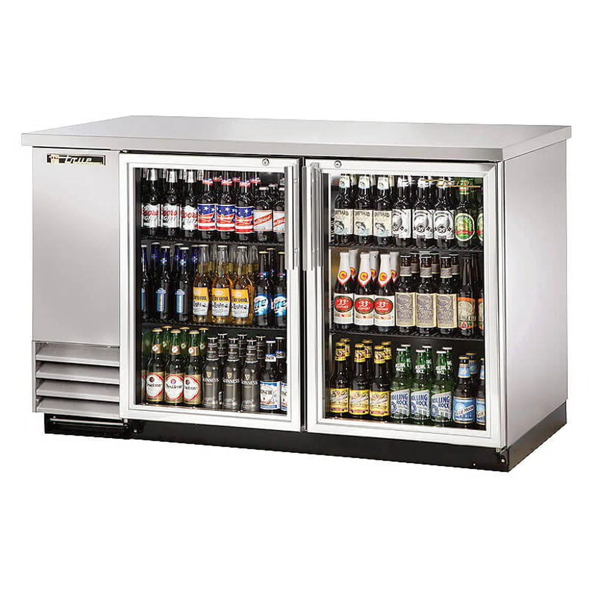 True TBB-2G-S-HC-LD 58" Two Glass Swing Door Stainless Steel Back Bar Cooler with LED