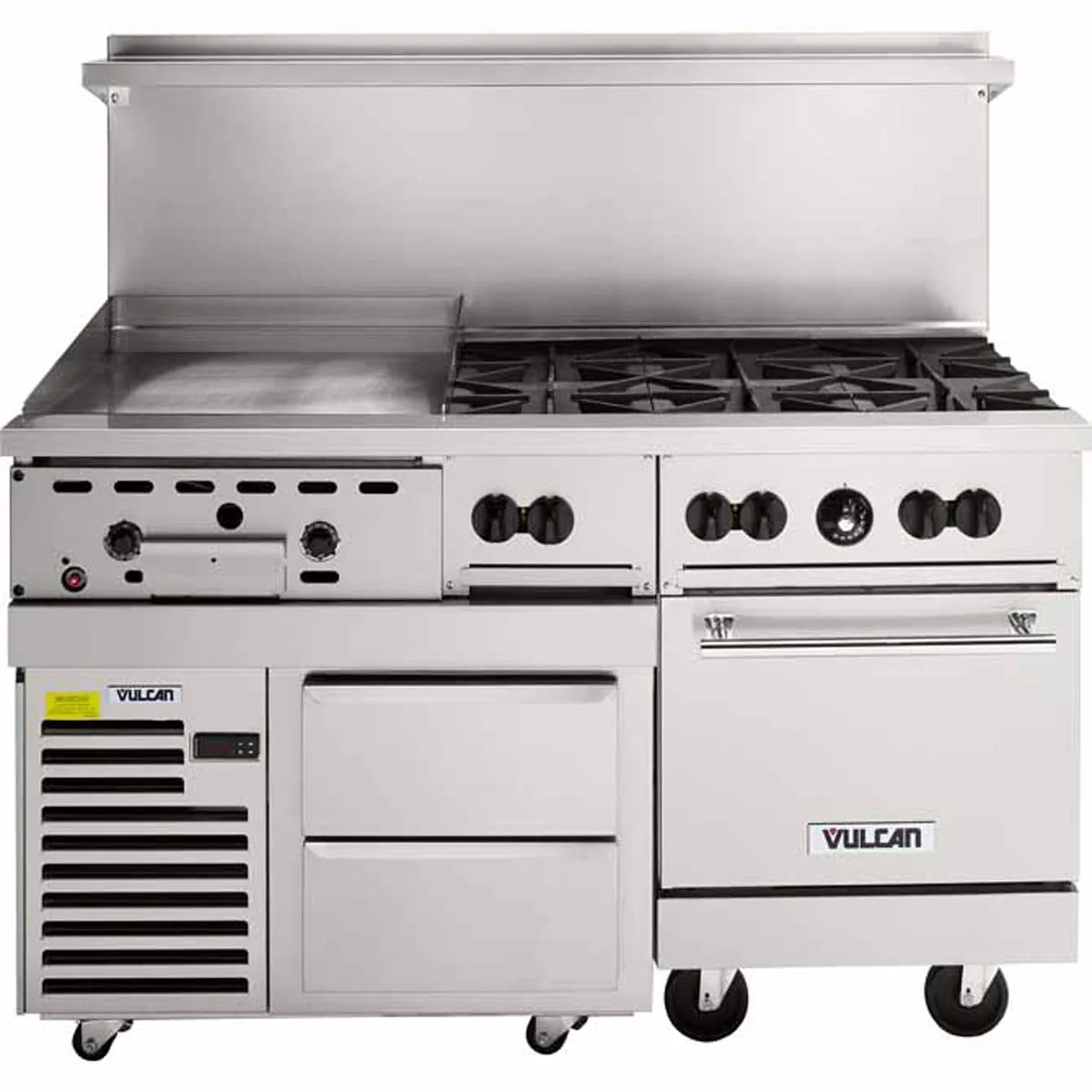 Vulcan 60RS-24G6B 60" Gas Restaurant Range w/ (6) Open Burners, 24" Griddle Left, (1) Standard Oven, (1) Refrigerated / Freezer Base, 220.000 BTU