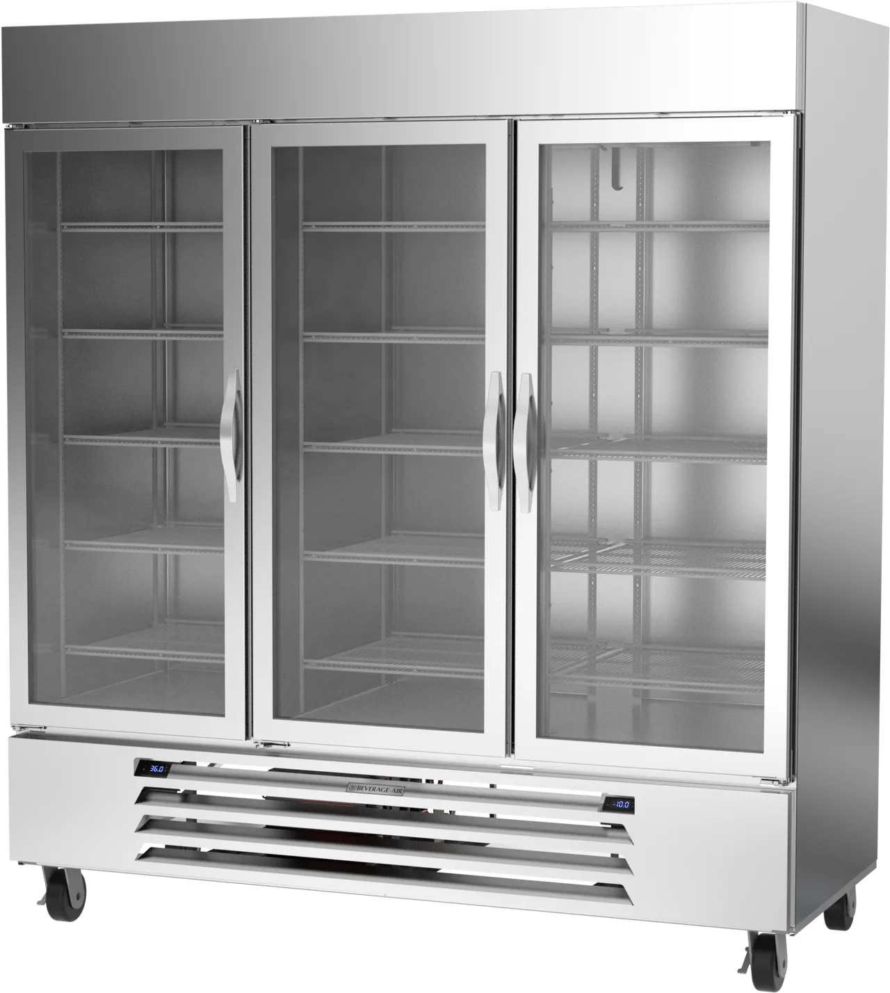 Beverage Air HBRF72HC-1-B-G 75" 3-Section Reach-In Refrigerator Freezer Combo w/ 3 Glass Doors