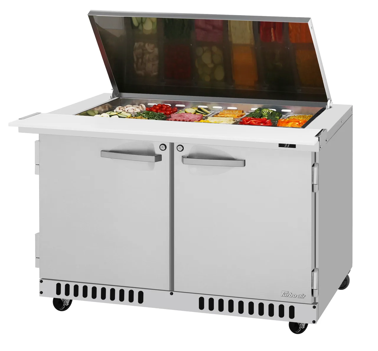 Turbo Air PST-48-18-FB-N-FL 48" 2-Door Mega Top Sandwich/Salad Prep Table, 18 Pans, Stainless Steel