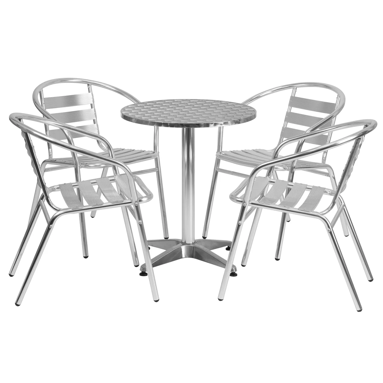 Flash Furniture TLH-ALUM-24RD-017BCHR4-GG Round Table & Chair Set, 23.5" Dia. Table, 4 Stacking Chairs, Aluminum Frame, Stainless Steel Top