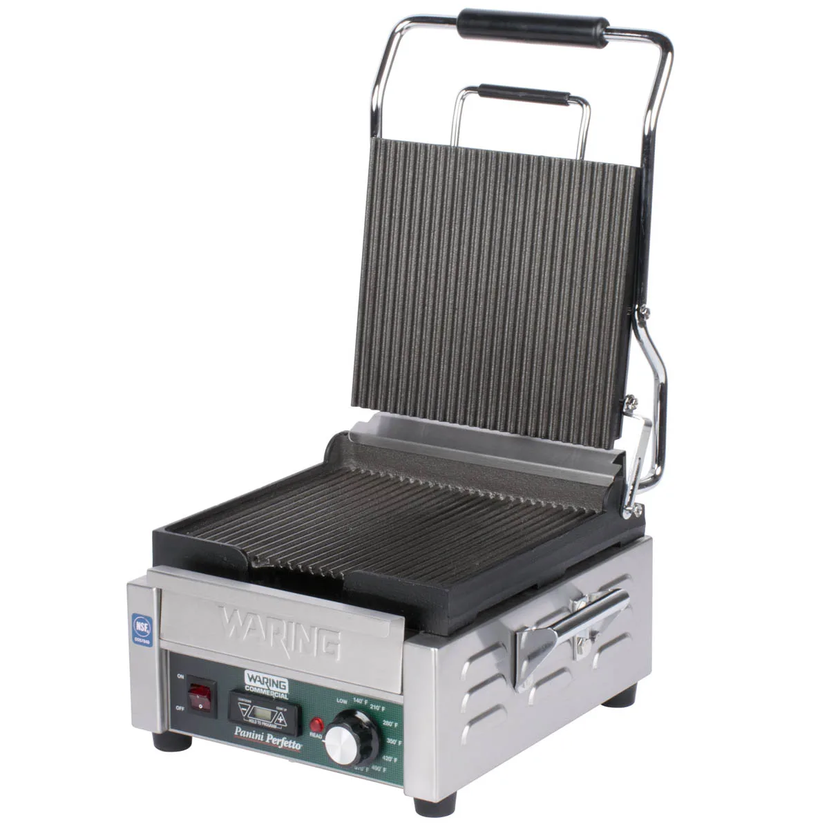 Waring WPG150TB Single Cast Iron Sandwich Panini Grill w/ Timer, 9" x 9" Grooved Plates, 208V