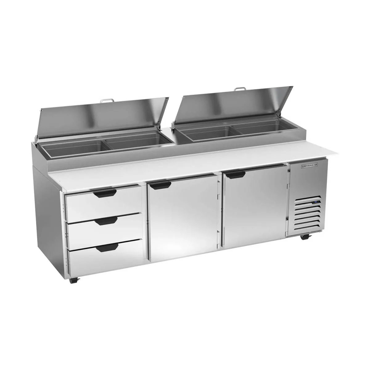 Beverage Air DPD93HC-3 93" 3-Section Refrigerated Pizza Prep Table w/ 2 Doors & 3 Drawers