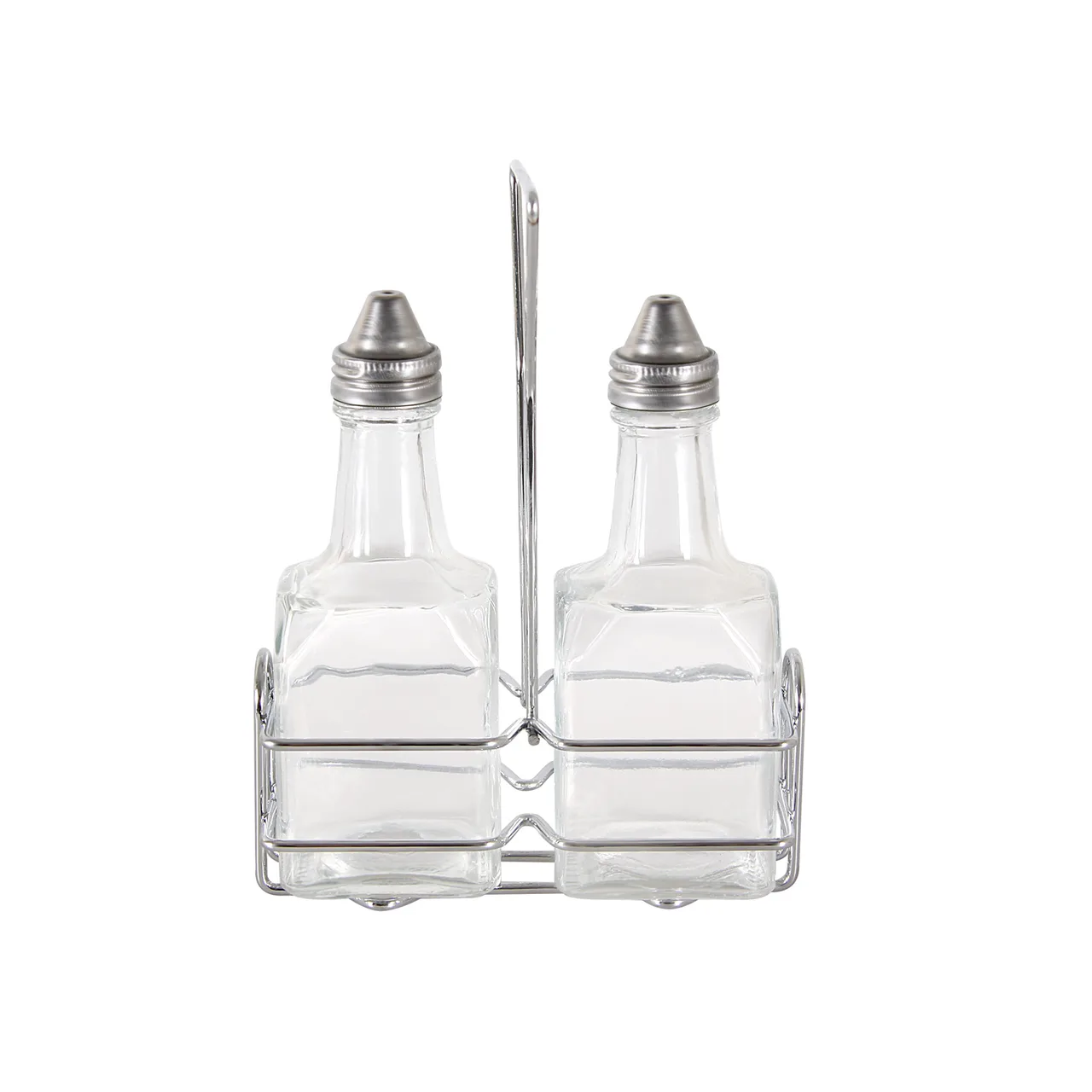CAC China W2SQ-6S Oil & Vinegar Cruet Set, 6 oz Glass Bottles with Steel Pourers, Chrome Rack - Set