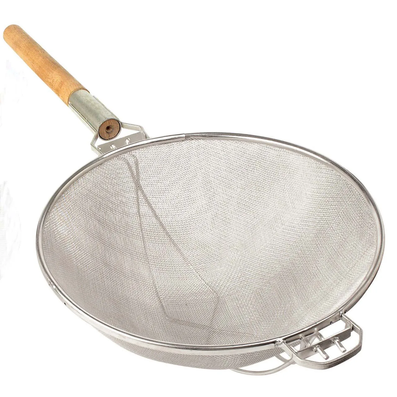 Omcan USA 81005 Mesh Strainer – 14" Diameter Double-Mesh Stainless Steel with Round Wood Handle