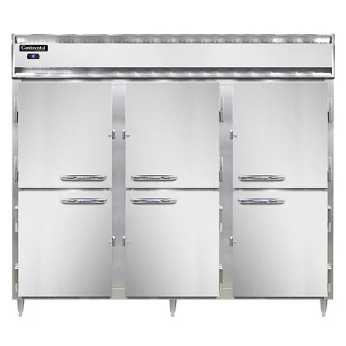 Continental Refrigerator D3RENHD 85" 3-Section Reach-In Refrigerator w/ 6 Solid Half Doors, Stainless Steel Front Aluminum Exterior, 75 cu. ft.