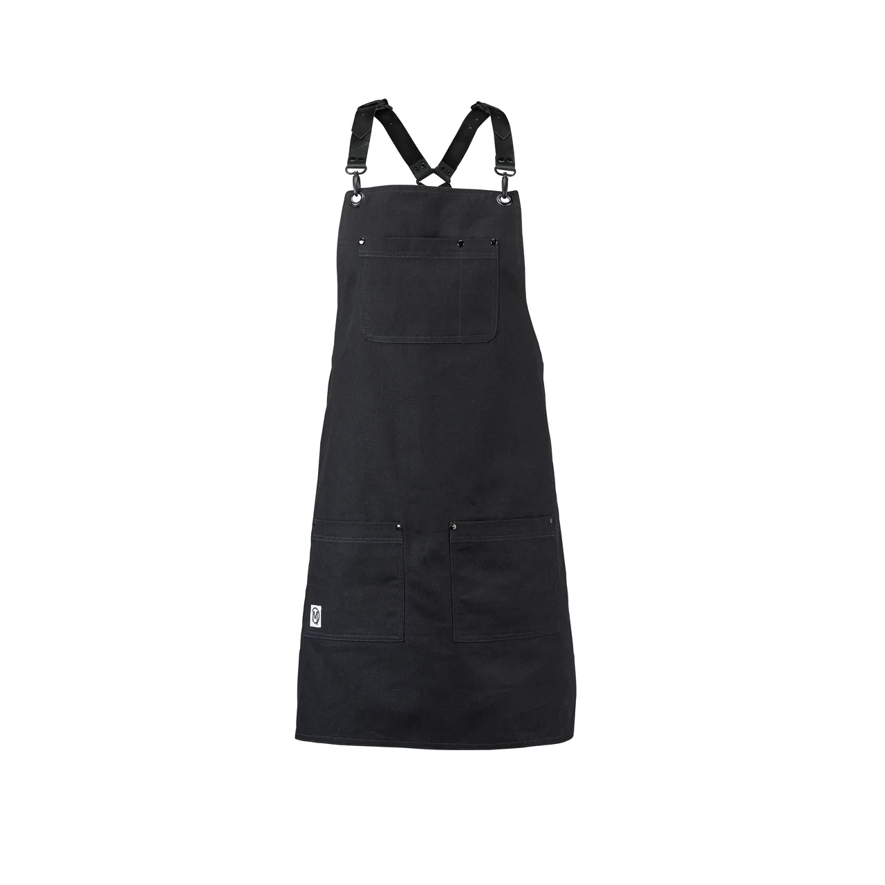 Mercer M63208BDBK Metro Edge® Bib Apron, 25" x 30½" Black Cotton Canvas, Leather Straps, Closures, 5 Pockets